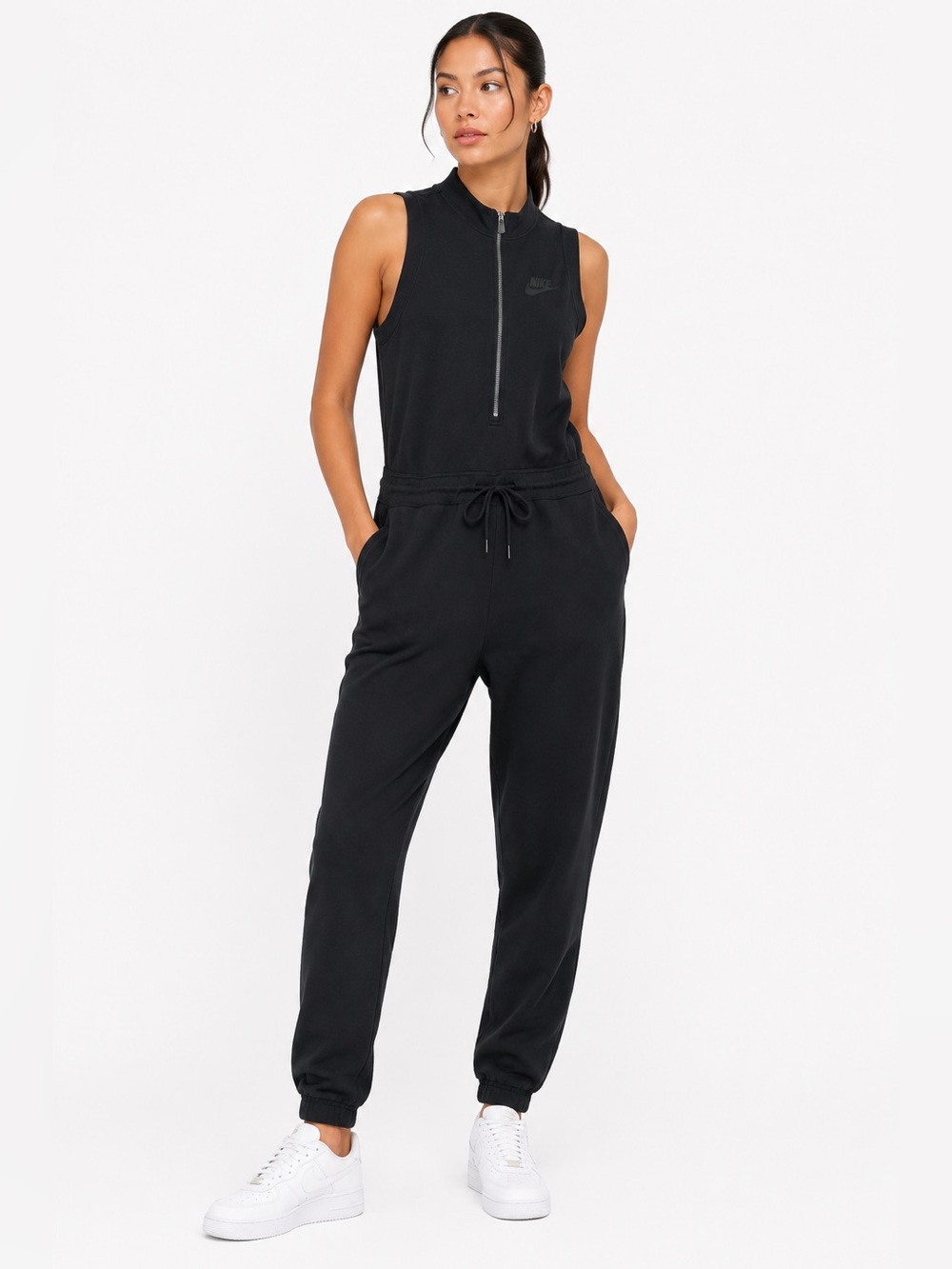Nike Black Sleeveless Zip Front Jumpsuit Large Jogger Athleisure Romper